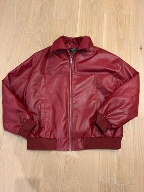 Red Faux Leather Bomber Jacket
